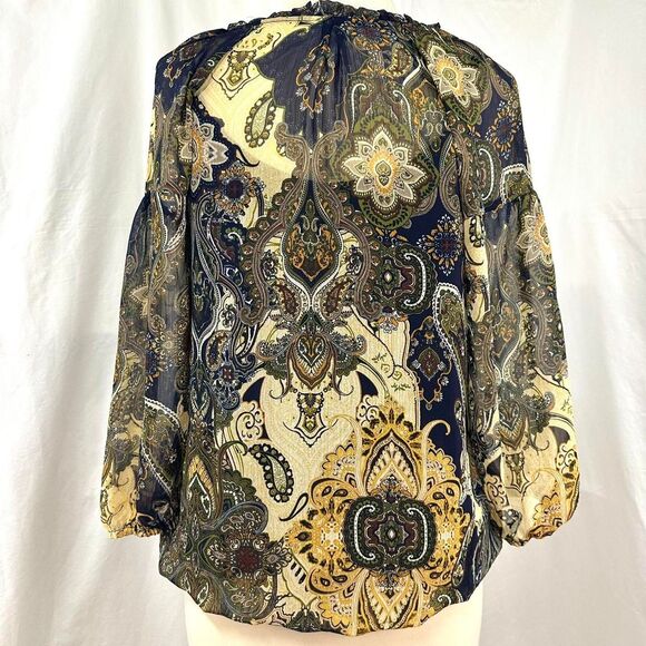 FIG AND FLOWER Navy Yellow Paisley Button Peasant Blouse V Neck Women M Bohemian - Picture 4 of 6